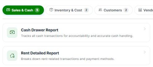 The Syncrostore reporting screen with sales, tax and vendor performance reports