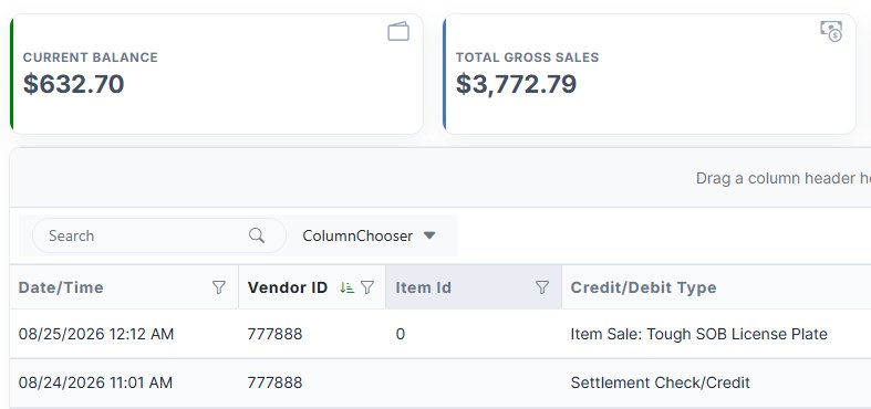 A vendor ledger in Syncrostore showing the running balance with each debit and credit itemized